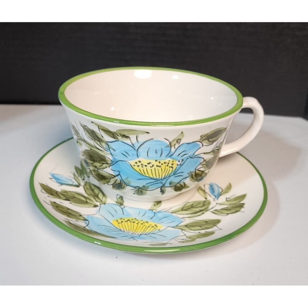 Vintage Blue Flower Cup and Saucer Soup Cup Stamped Hand Painted Japan Ironstone